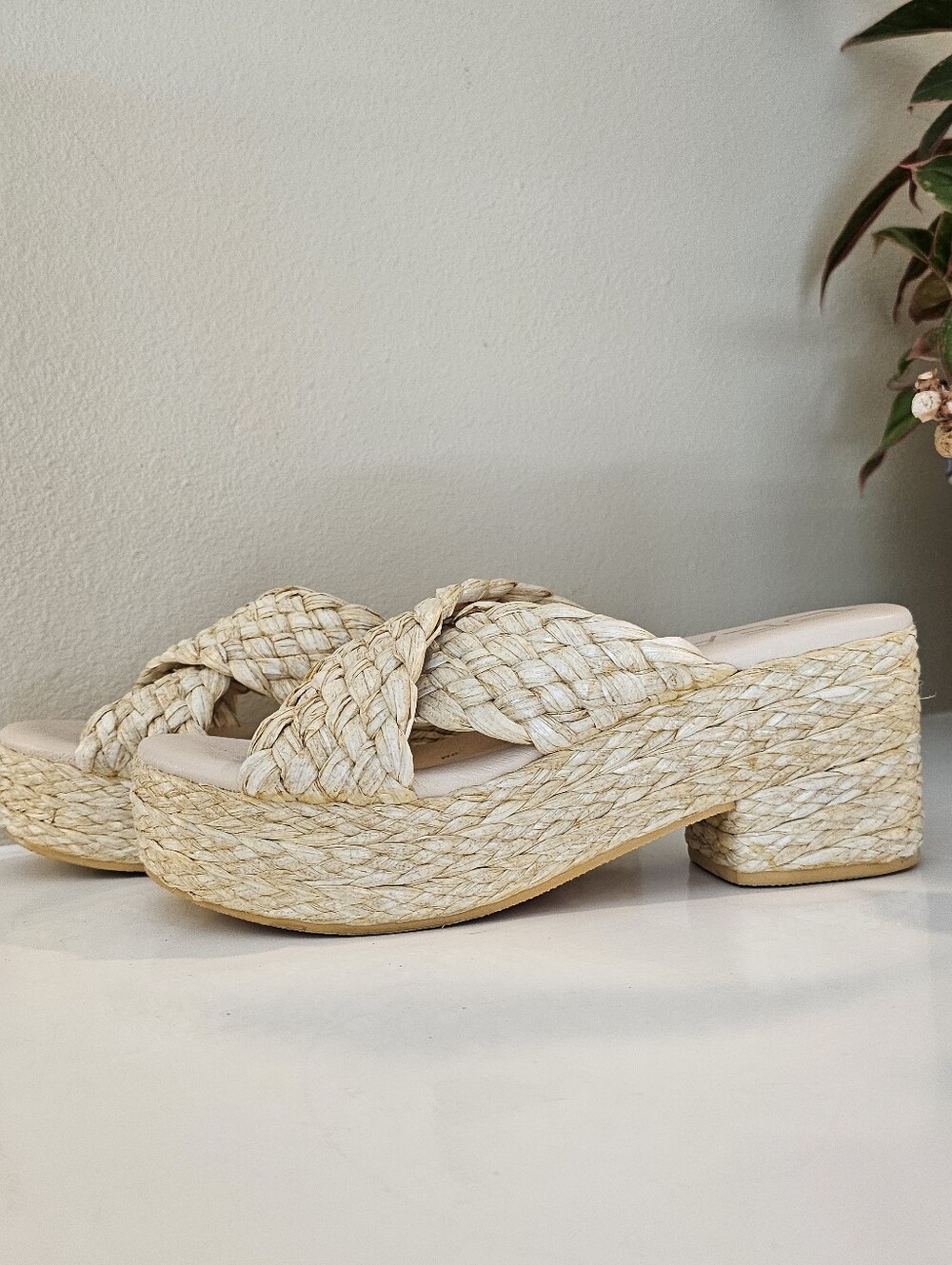 Braided Espadrille Platform Sandals - Cream